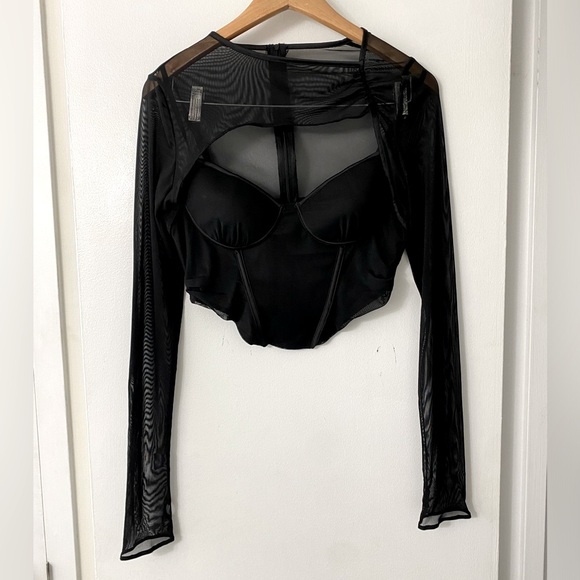 Leau Milan Mesh Black Bustier Long Sleeve Mesh Top Size Large - Picture 2 of 8